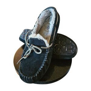 Ugg MOCCASIN SLIPPERS (Size 10 MEN) "Olsen" BLACK Suede & Wool LEATHER LACES